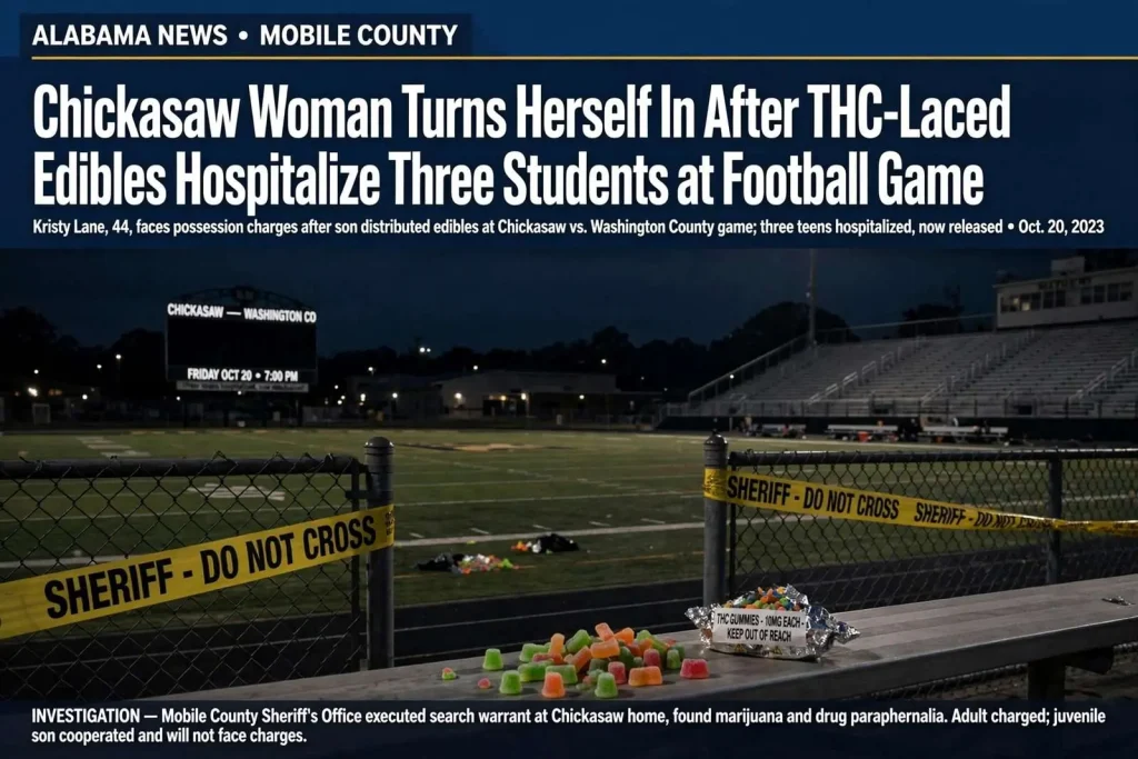 Illustration for the news story: Chickasaw Woman Turns Herself In After Her Edibles Sickened Students at Football Game