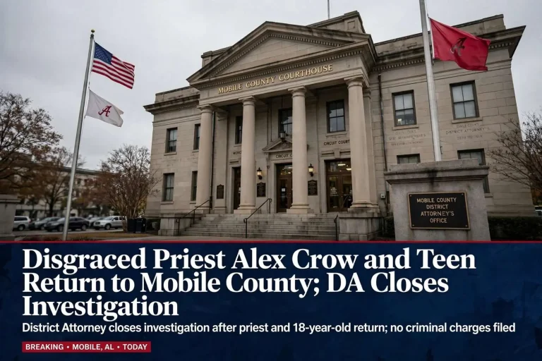 Illustration for the news story: Disgraced Priest Alex Crow and Teen Return to Mobile County; DA Closes Investigation