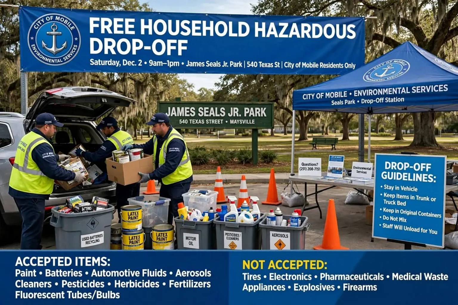 Illustration for the news story: Free Household Hazardous Waste Drop-Off Coming to Mobile’s Seals Park on Dec. 2
