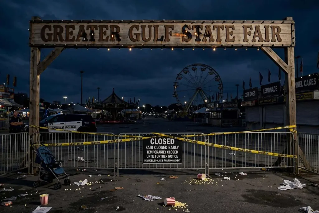 Illustration for the news story: Greater Gulf State Fair shuts down early after disruptive behavior in Mobile
