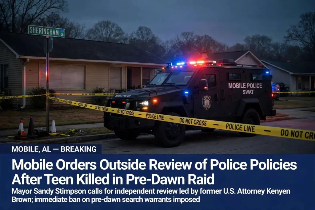 Illustration for the news story: Mobile Orders Outside Review of Police Policies After Teen Killed in Pre-Dawn Raid