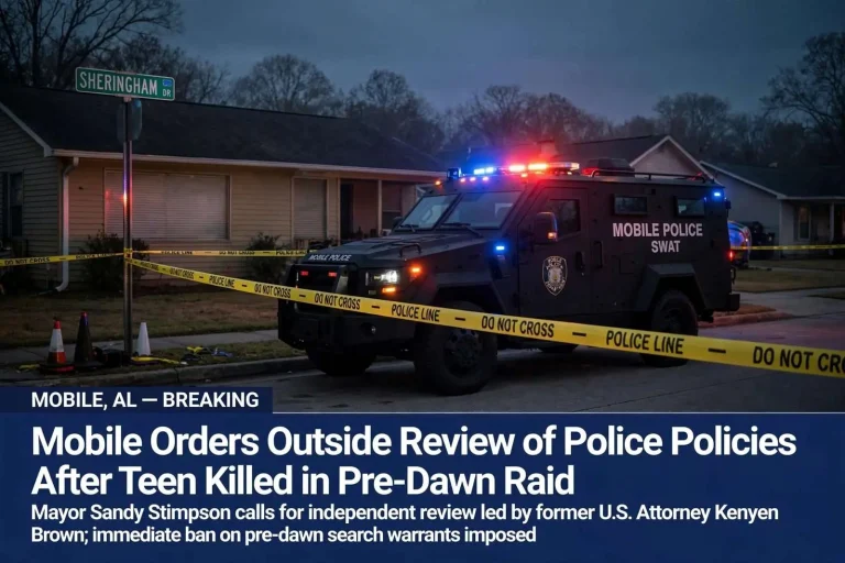 Illustration for the news story: Mobile Orders Outside Review of Police Policies After Teen Killed in Pre-Dawn Raid