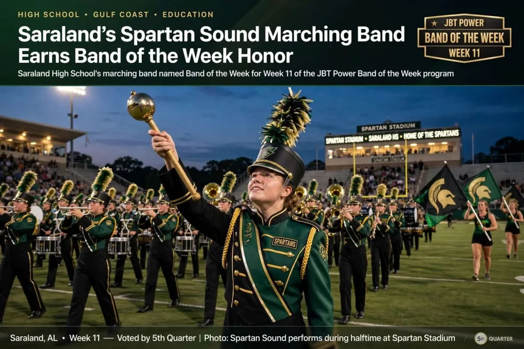 Illustration for the news story: Saraland’s Spartan Sound Marching Band Earns Band of the Week Honor