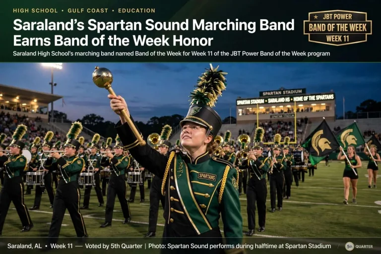 Illustration for the news story: Saraland’s Spartan Sound Marching Band Earns Band of the Week Honor