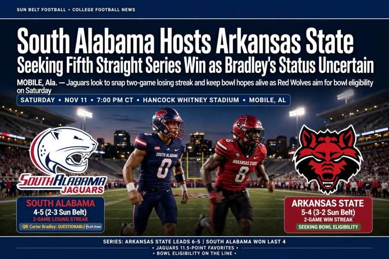 Illustration for the news story: South Alabama Hosts Arkansas State Seeking Fifth Straight Series Win as Bradley’s Status Uncertain