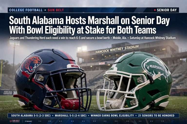 Illustration for the news story: South Alabama Hosts Marshall on Senior Day With Bowl Eligibility at Stake for Both Teams