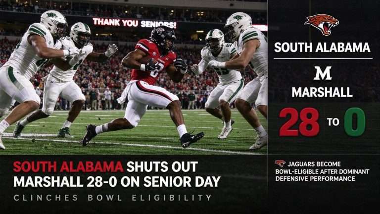 Illustration for the news story: South Alabama Shuts Out Marshall 28-0 on Senior Day to Clinch Bowl Eligibility