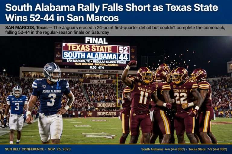 Illustration for the news story: South Alabama Rally Falls Short as Texas State Wins 52-44 in San Marcos