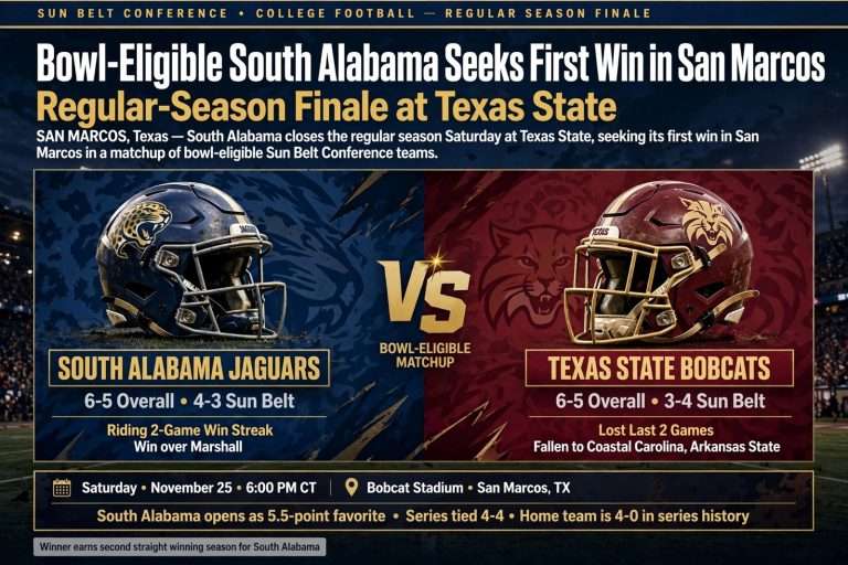 Illustration for the news story: Bowl-Eligible South Alabama Seeks First Win in San Marcos in Regular-Season Finale at Texas State