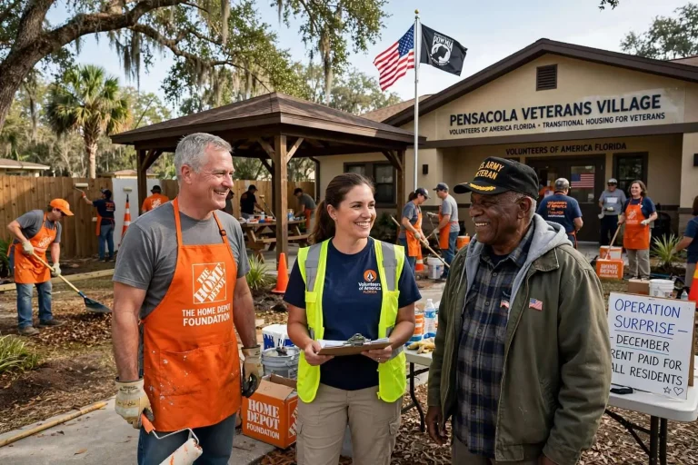 Illustration for the news story: Volunteers Roll Up Sleeves at Pensacola Veterans Village, Then Surprise Residents With a Month of Free Rent