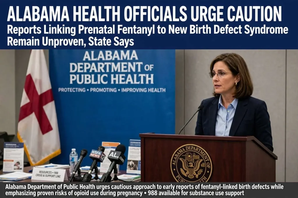Illustration for the news story: Alabama Health Officials Urge Caution on Reports Linking Prenatal Fentanyl to New Birth Defect Syndrome