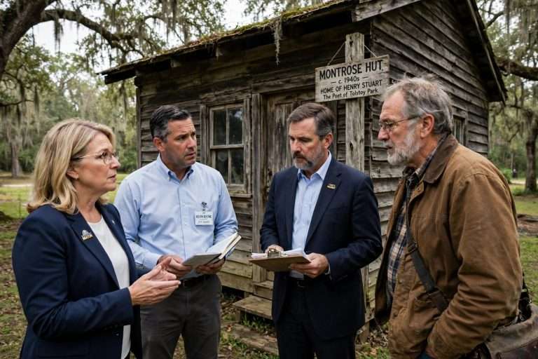 Illustration for the news story: Fairhope Officials Discuss Proposal to Relocate Montrose Hut From ‘The Poet of Tolstoy Park’