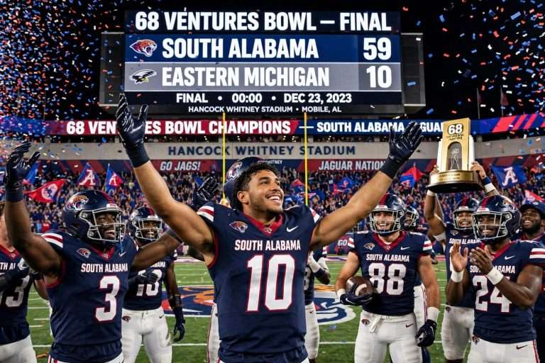Illustration for the news story: South Alabama Routs Eastern Michigan 59-10 in 68 Ventures Bowl for First Bowl Victory