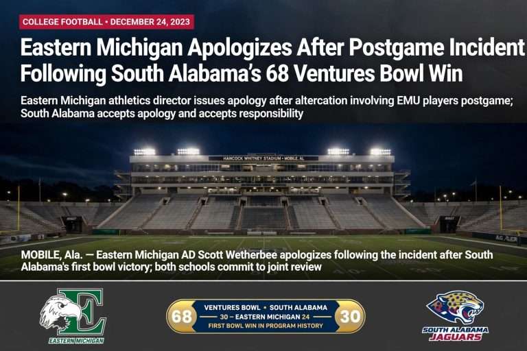 Illustration for the news story: Eastern Michigan Apologizes After Postgame Incident Following South Alabama’s 68 Ventures Bowl Win