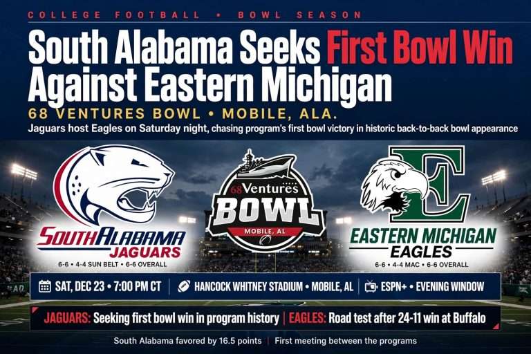 Illustration for the news story: South Alabama Seeks First Bowl Win Against Eastern Michigan in 68 Ventures Bowl