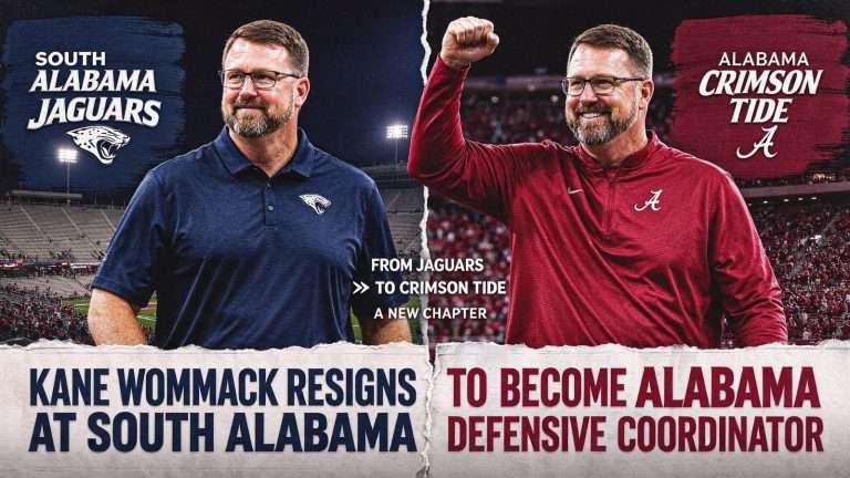 Illustration for the news story: Kane Wommack Resigns At South Alabama To Become Alabama Defensive Coordinator