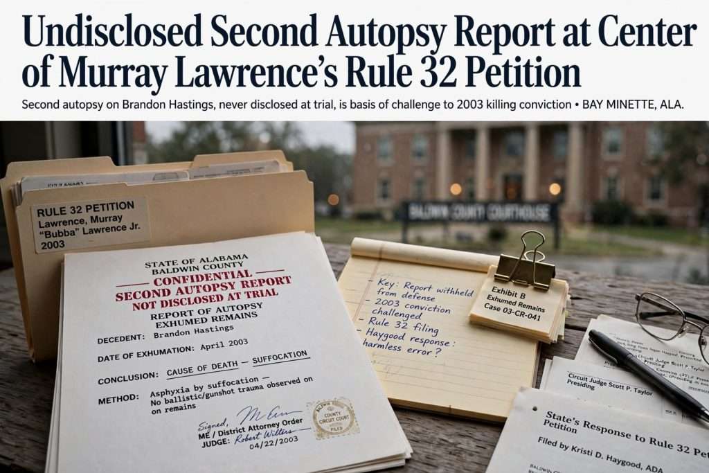 Illustration for the news story: Undisclosed Second Autopsy Report at Center of Murray Lawrence’s Rule 32 Petition