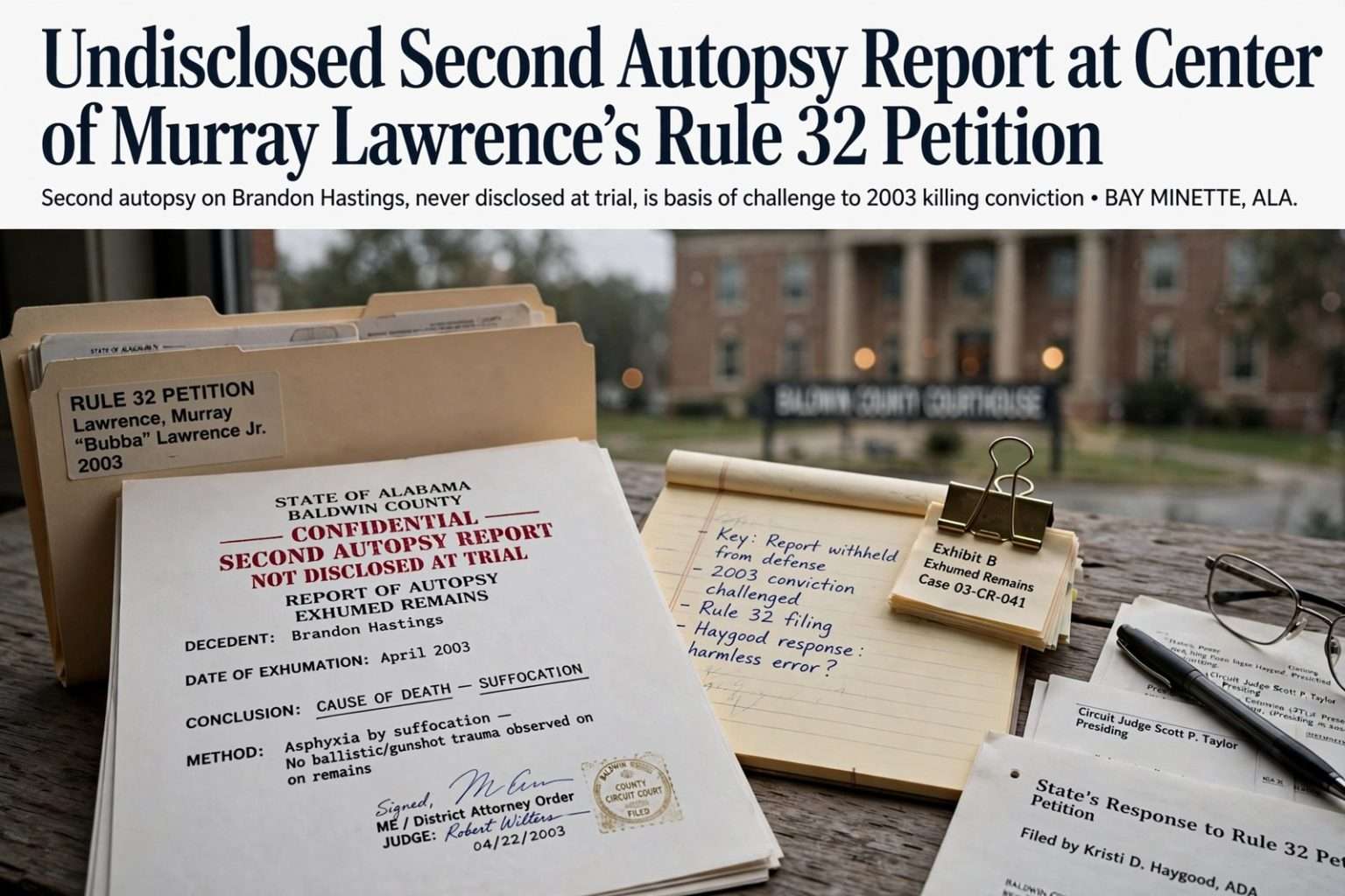 Illustration for the news story: Undisclosed Second Autopsy Report at Center of Murray Lawrence’s Rule 32 Petition