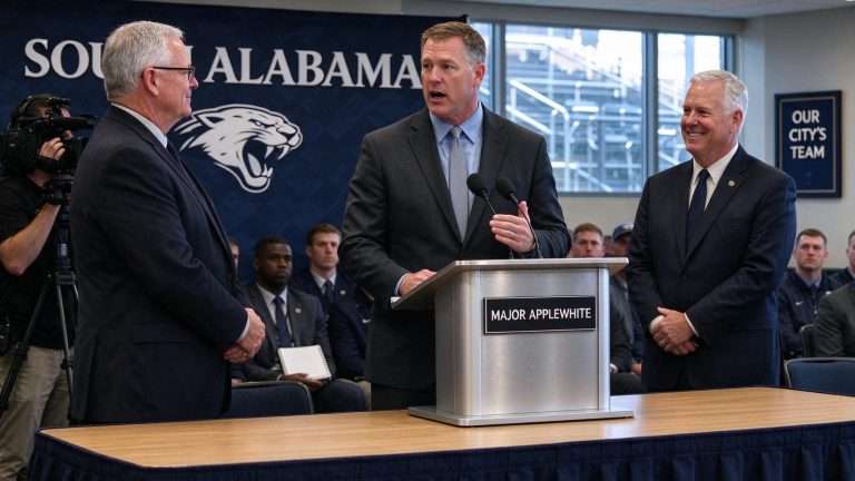 Illustration for the news story: South Alabama Introduces Major Applewhite as Fourth Head Football Coach in Program History