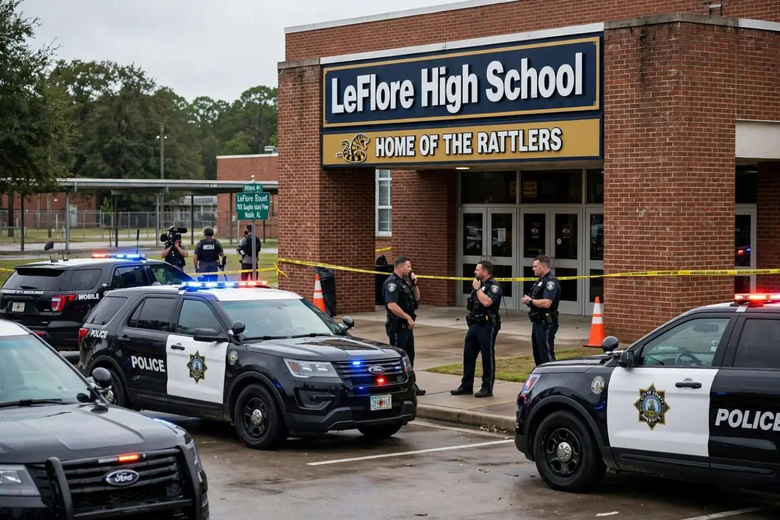 Illustration for the news story: Two Students Wounded in Shooting at Mobile’s LeFlore High School; Female Suspect Surrenders