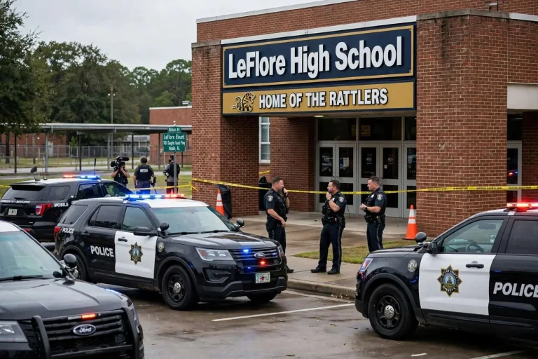 Illustration for the news story: Two Students Wounded in Shooting at Mobile’s LeFlore High School; Female Suspect Surrenders