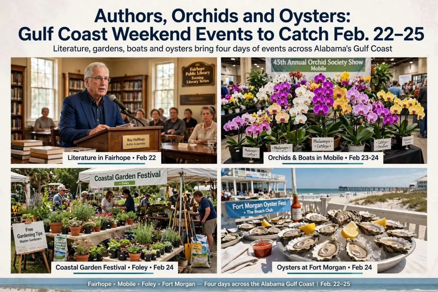 Illustration for the news story: Authors, Orchids and Oysters: Gulf Coast Weekend Events to Catch Feb. 22–25