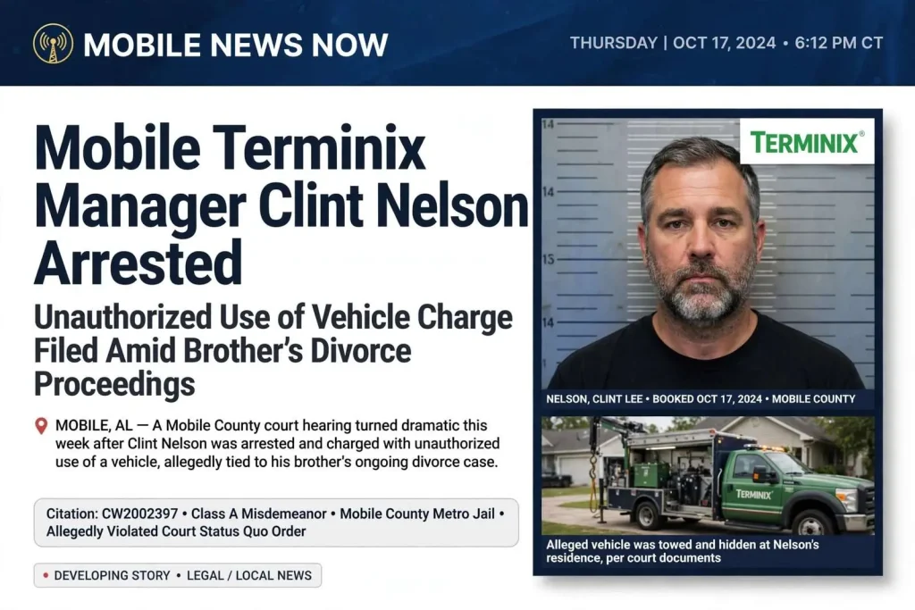 Illustration for the news story: Mobile Terminix Manager Clint Nelson Arrested for Unauthorized Use of Vehicle Amidst Brother’s Divorce Proceedings