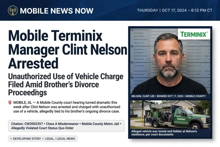 Illustration for the news story: Mobile Terminix Manager Clint Nelson Arrested for Unauthorized Use of Vehicle Amidst Brother’s Divorce Proceedings