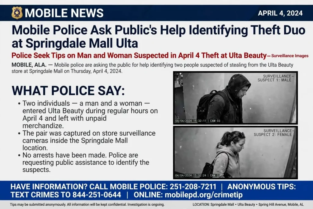 Illustration for the news story: Mobile Police Ask Public’s Help Identifying Theft Duo at Springdale Mall Ulta
