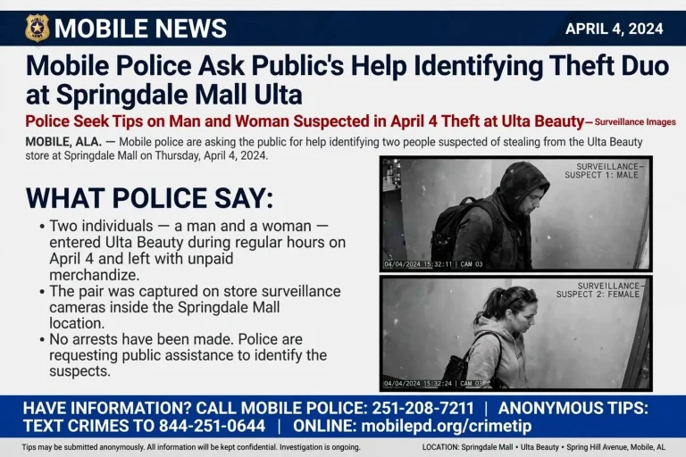 Illustration for the news story: Mobile Police Ask Public’s Help Identifying Theft Duo at Springdale Mall Ulta