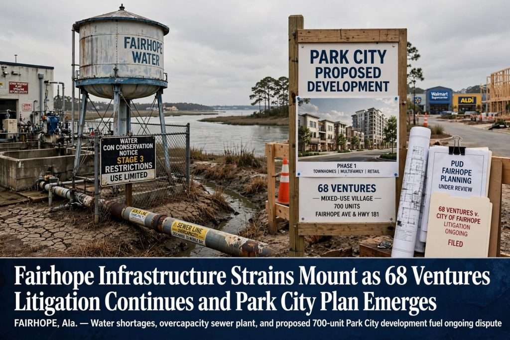 Illustration for the news story: Fairhope Infrastructure Strains Mount as 68 Ventures Litigation Continues and Park City Plan Emerges