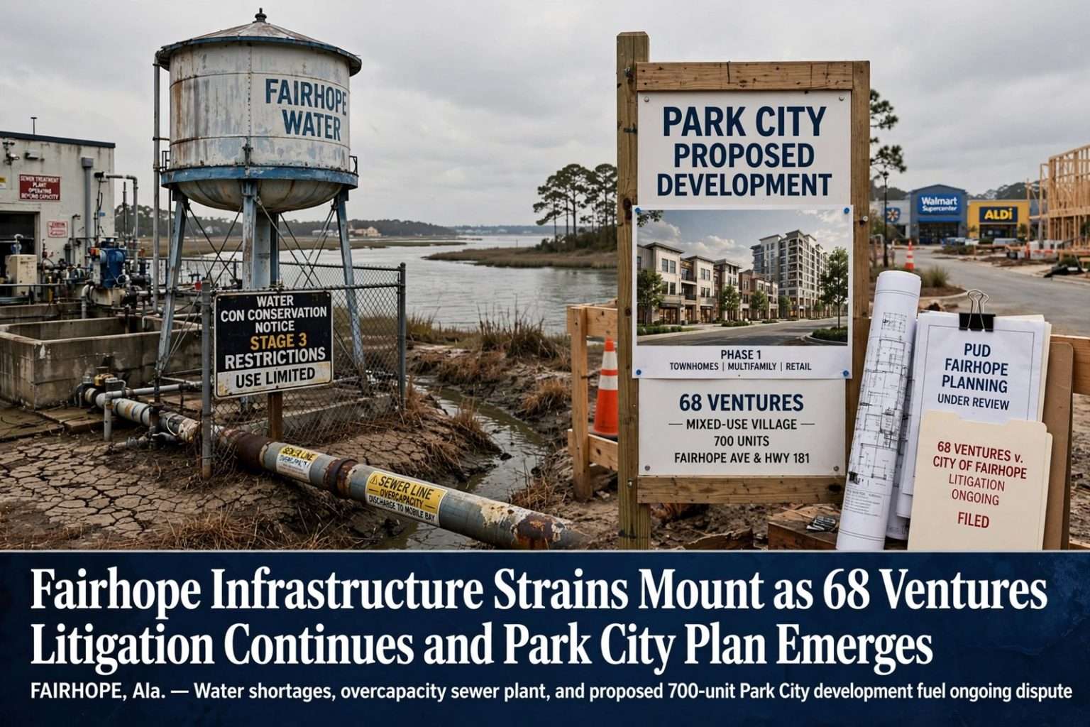 Illustration for the news story: Fairhope Infrastructure Strains Mount as 68 Ventures Litigation Continues and Park City Plan Emerges