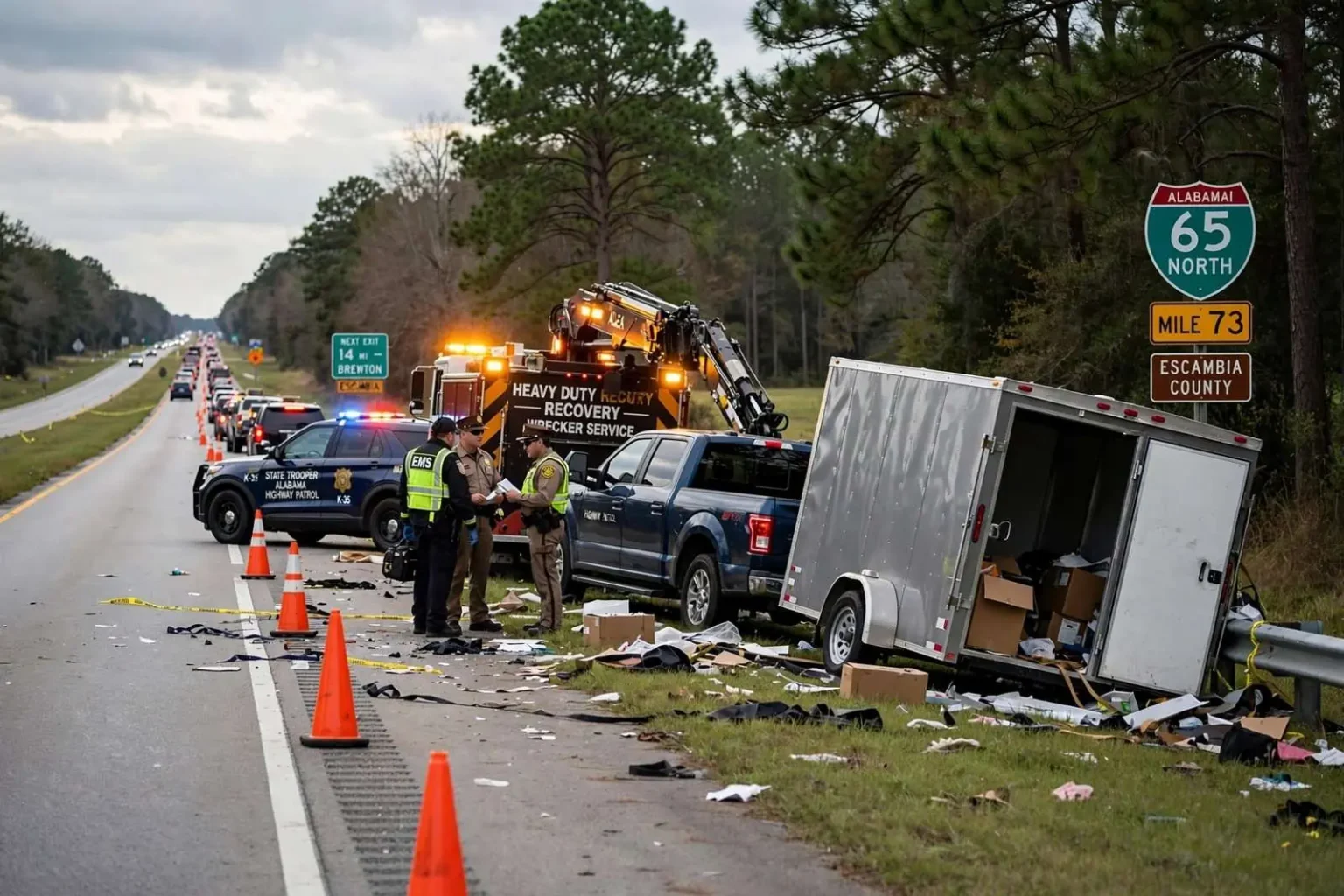 Illustration for the news story: Crash Involving Truck and Trailer Shuts Down I-65 Lane in Escambia County