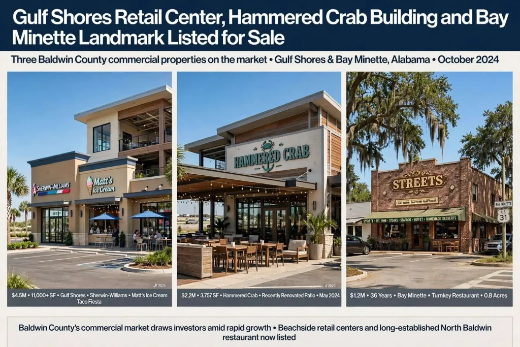 Illustration for the news story: Gulf Shores Retail Center, Hammered Crab Building and Bay Minette Landmark Listed for Sale