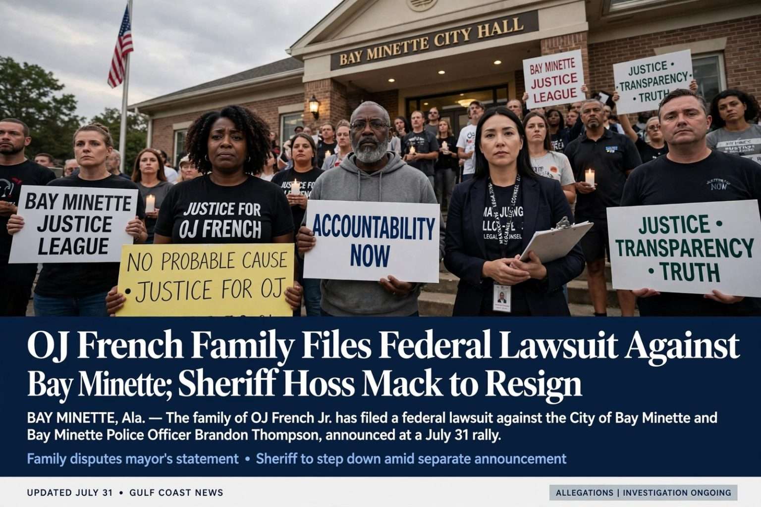 Illustration for the news story: OJ French Family Files Federal Lawsuit Against Bay Minette; Sheriff Hoss Mack to Resign