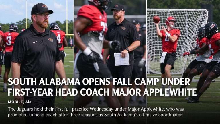 Illustration for the news story: South Alabama Opens Fall Camp Under First-Year Head Coach Major Applewhite