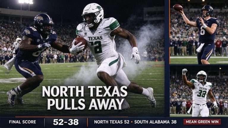 Illustration for the news story: North Texas Pulls Away From South Alabama 52-38 in Major Applewhite’s Debut Despite Lopez’s Record Day