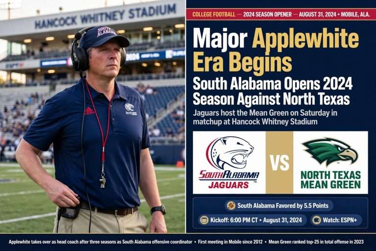 Illustration for the news story: Major Applewhite Era Begins as South Alabama Opens 2024 Season Against North Texas