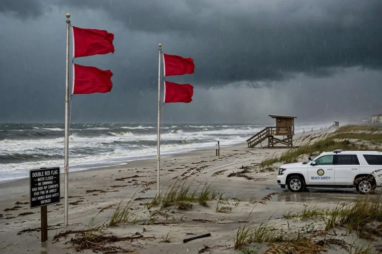 Illustration for the news story: Double Red Flags Keep Swimmers Out of the Water in Gulf Shores as Hurricane Francine Churns Offshore
