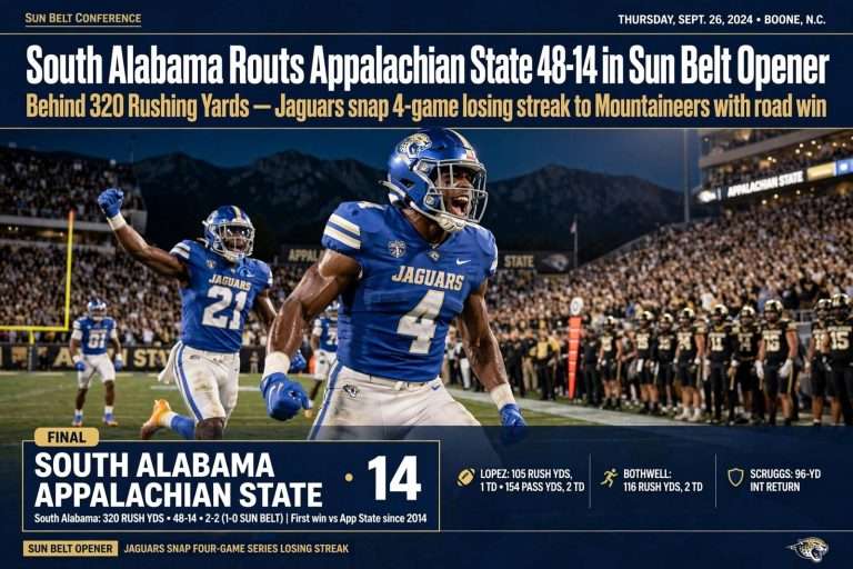 Illustration for the news story: South Alabama Routs Appalachian State 48-14 in Sun Belt Opener Behind 320 Rushing Yards