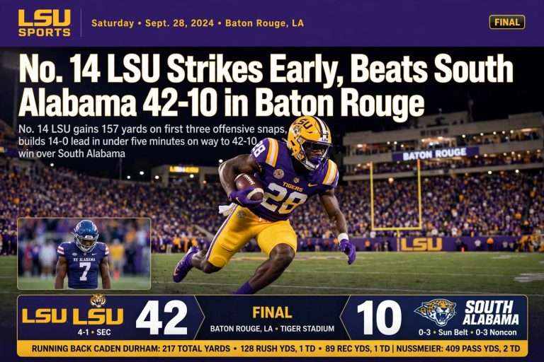 Illustration for the news story: No. 14 LSU Strikes Early, Beats South Alabama 42-10 in Baton Rouge