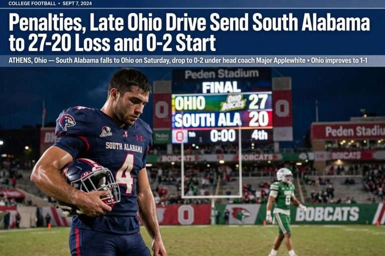 Illustration for the news story: Penalties, Late Ohio Drive Send South Alabama to 27-20 Loss and 0-2 Start