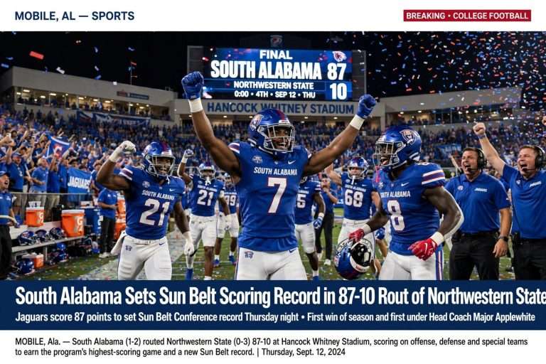 Illustration for the news story: South Alabama Sets Sun Belt Scoring Record in 87-10 Rout of Northwestern State