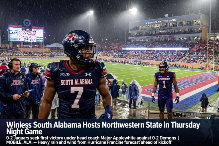 Illustration for the news story: Winless South Alabama Hosts Northwestern State in Thursday Night Game