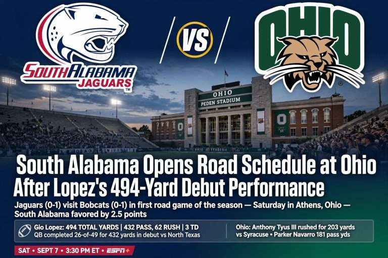 Illustration for the news story: South Alabama Opens Road Schedule at Ohio After Lopez’s 494-Yard Debut Performance