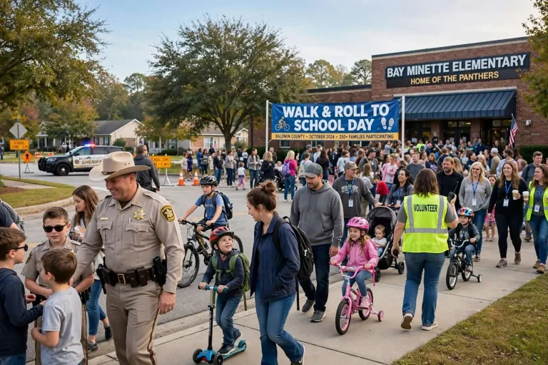 Illustration for the news story: Bay Minette Families Turn Out for Baldwin County’s Walk and Roll to School Day