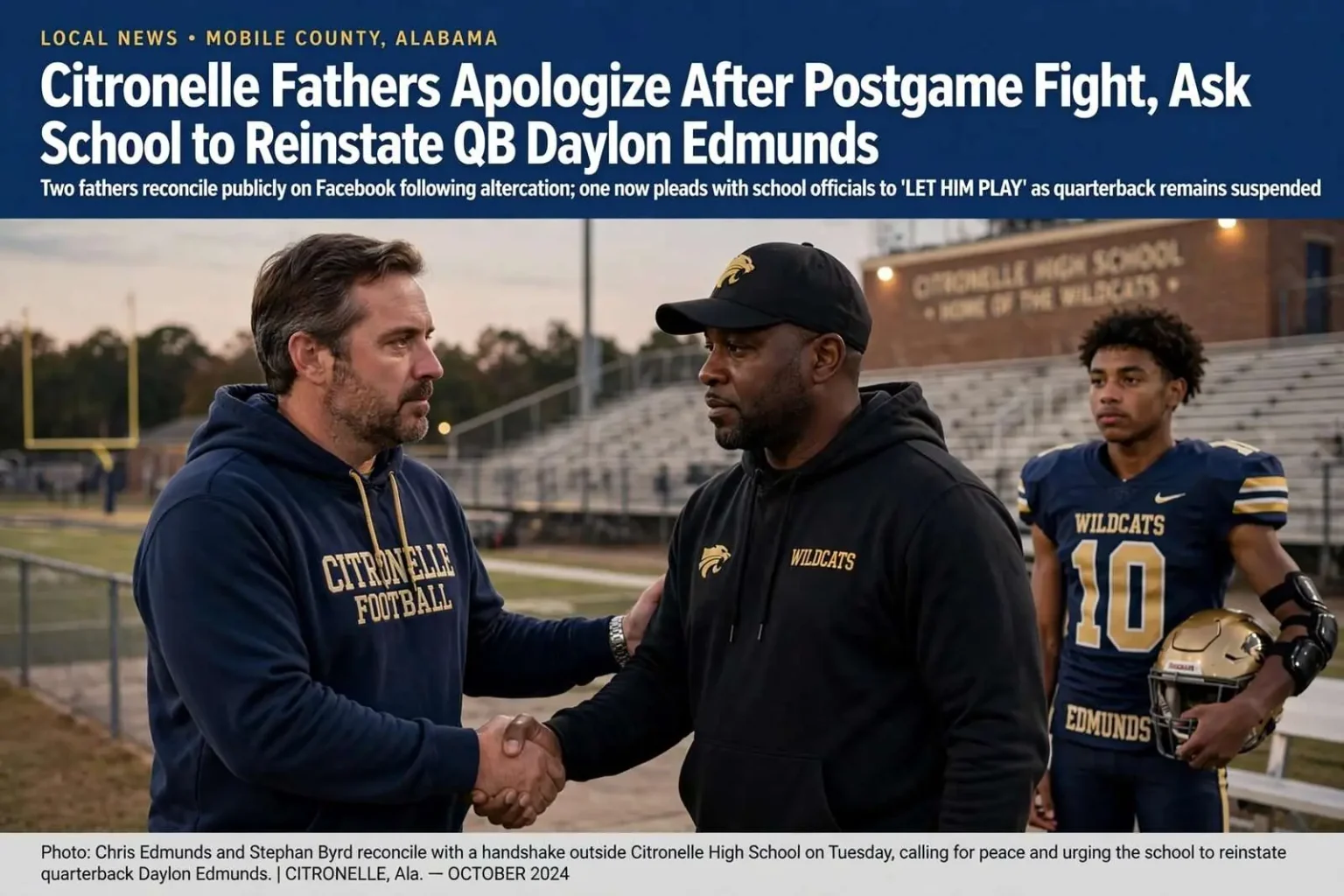 Illustration for the news story: Citronelle Fathers Apologize After Postgame Fight, Ask School to Reinstate QB Daylon Edmunds