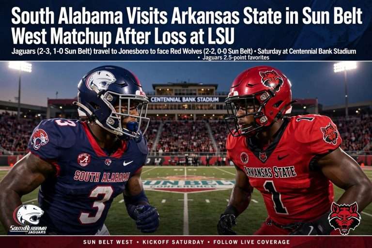 Illustration for the news story: South Alabama Visits Arkansas State in Sun Belt West Matchup After Loss at LSU