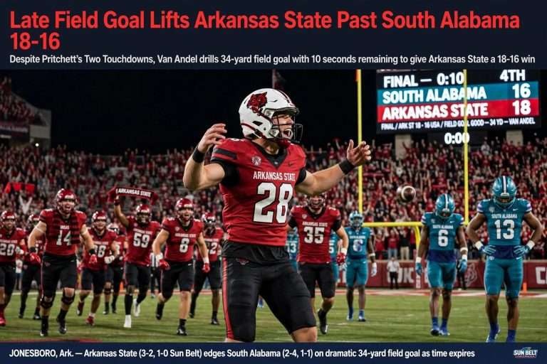 Illustration for the news story: Late Field Goal Lifts Arkansas State Past South Alabama 18-16 Despite Pritchett’s Two Touchdowns