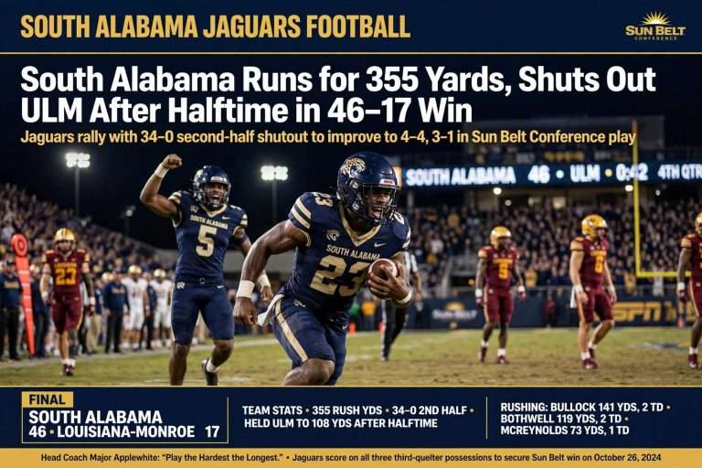 Illustration for the news story: South Alabama Runs for 355 Yards, Shuts Out ULM After Halftime in 46-17 Win